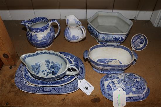 Chinese blue and white sauceboat, modern jardiniere and sundry other blue and white ceramics